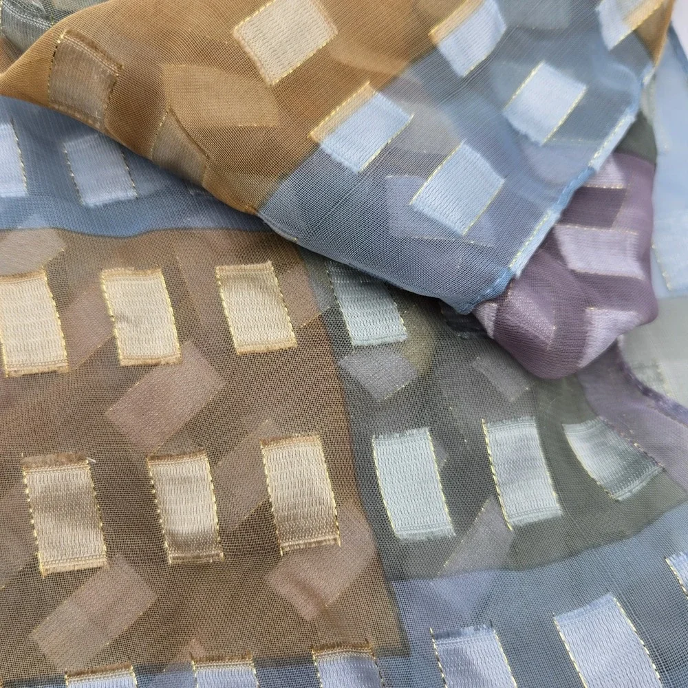Worthington Womens Sheer Scarf 13x60 Blue Gold Geometric Metallic Stripe Squares